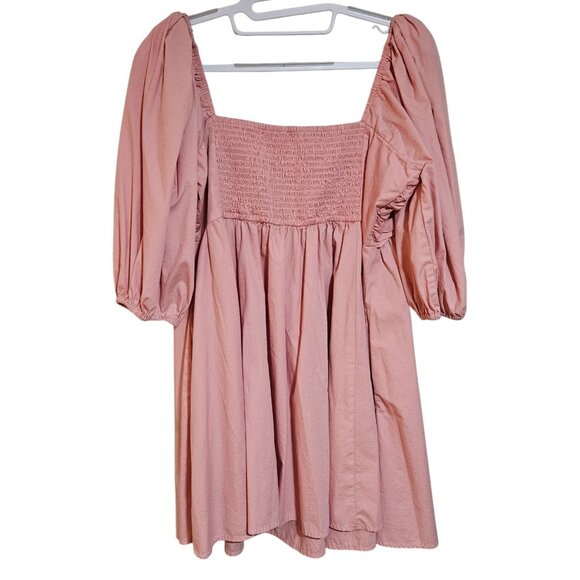 Powder Pink Puff Sleeve Square Neck Dress XL Smocked Back Cotton - Picture 4 of 15